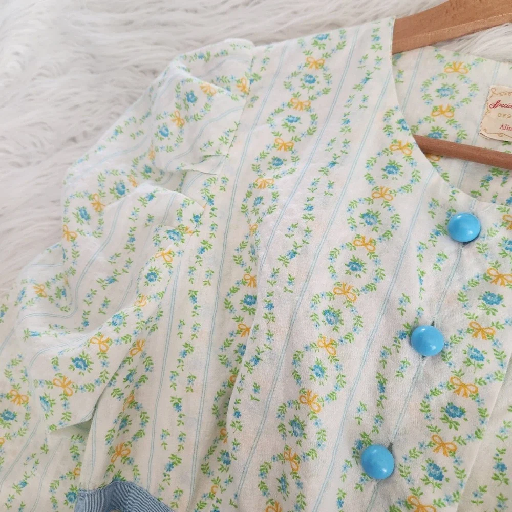 70s Vtg Handmade Maxi Prairie Dress‎ Roses Floral Seersucker cottagecore - Picture 9 of 16